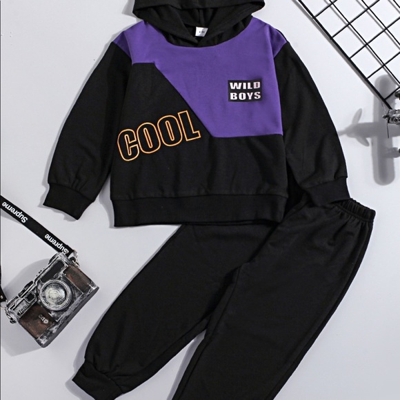 NWOT Boys Letter Print Color Block Hoodie and pant set. Size: 5-6 T Color: Black - Picture 1 of 6